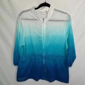 Weekends by Chico's Blue Ombre Mesh Zip Front Tunic Swim Cover Up Size 3 (L/12)